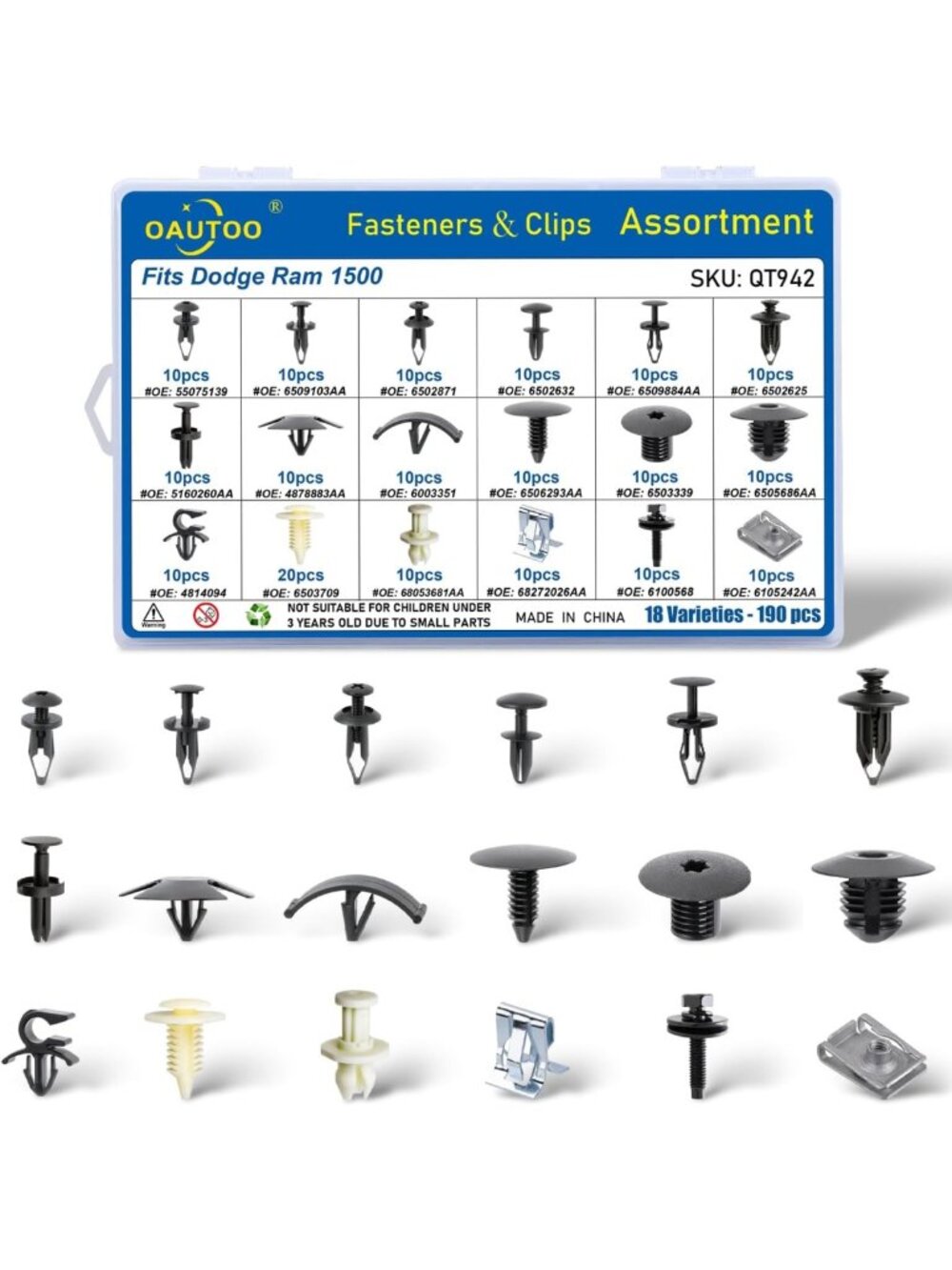 190-Piece Automotive Body & Interior Fastener Clip Set for Ram 1500/2500/3500